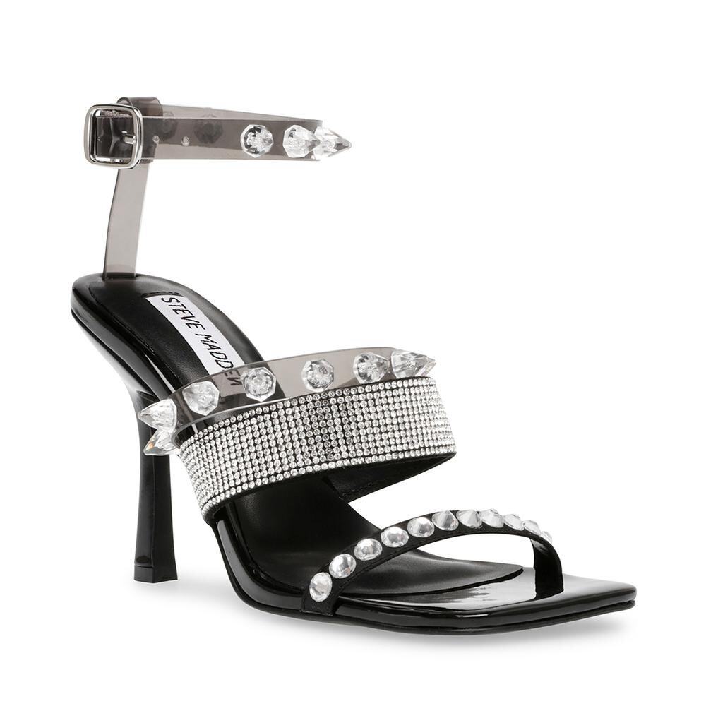 Steve Madden Lightning Rhinestone Stud Heels Black Y2K Sandals